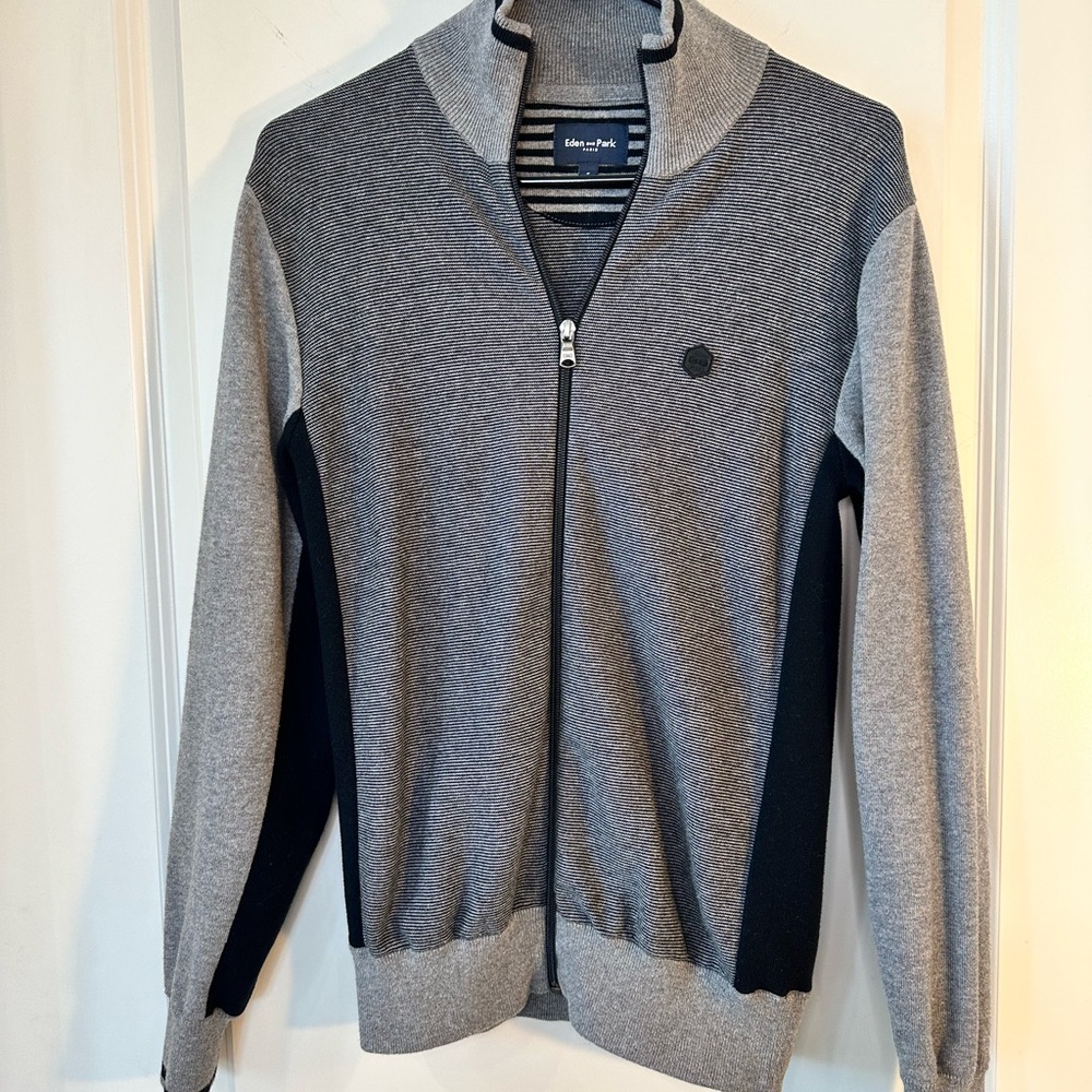 Eden Park Paris Black & White Striped Full Zip Cardigan Sweater, size Small